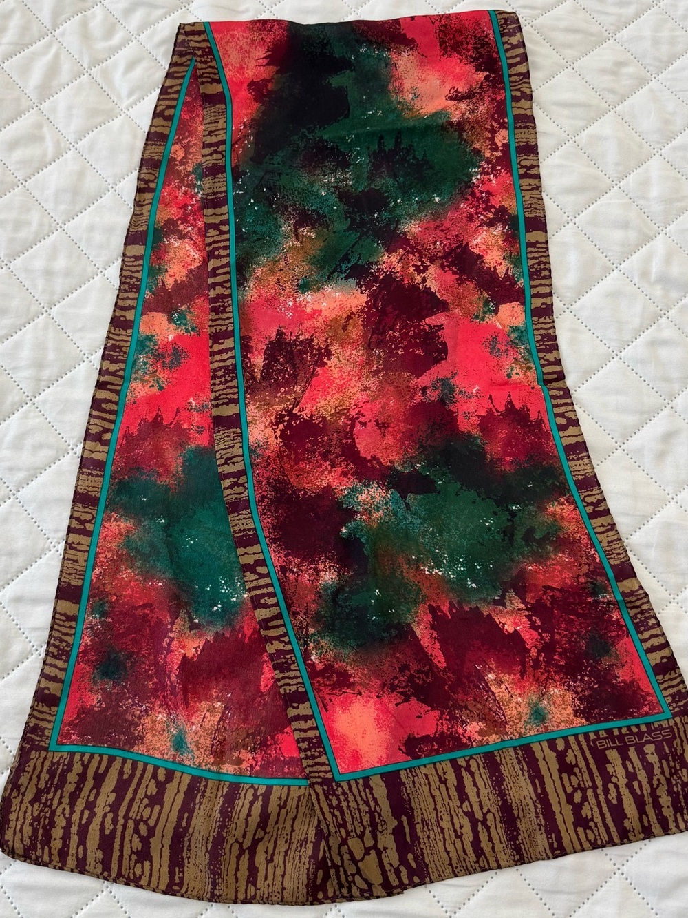 Bill Blass Abstract Print Long Scarf Burgundy Green Coral Teal 52x11